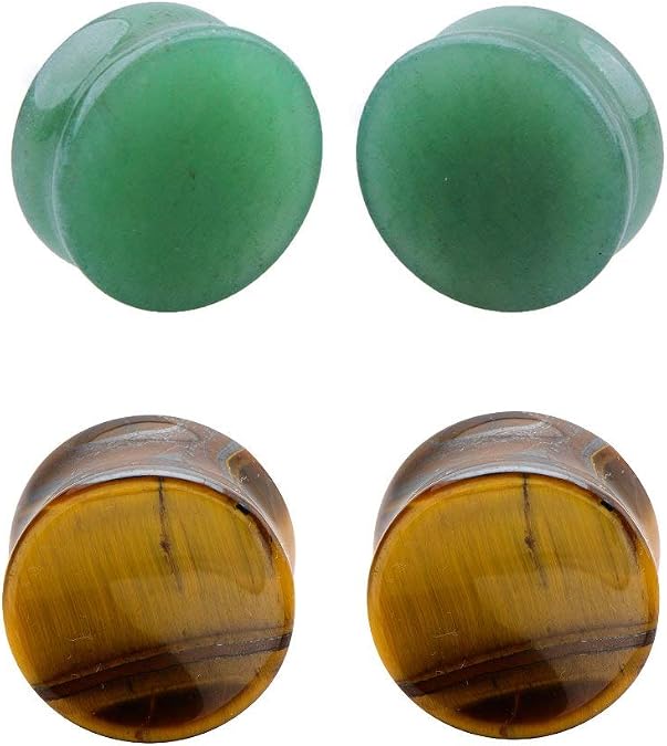 Kokoma 2Pairs Tiger Eyes & Green Jade Ear Plugs Natural Stone Gauges Tunnel Expanders Double Flared Body Piercings