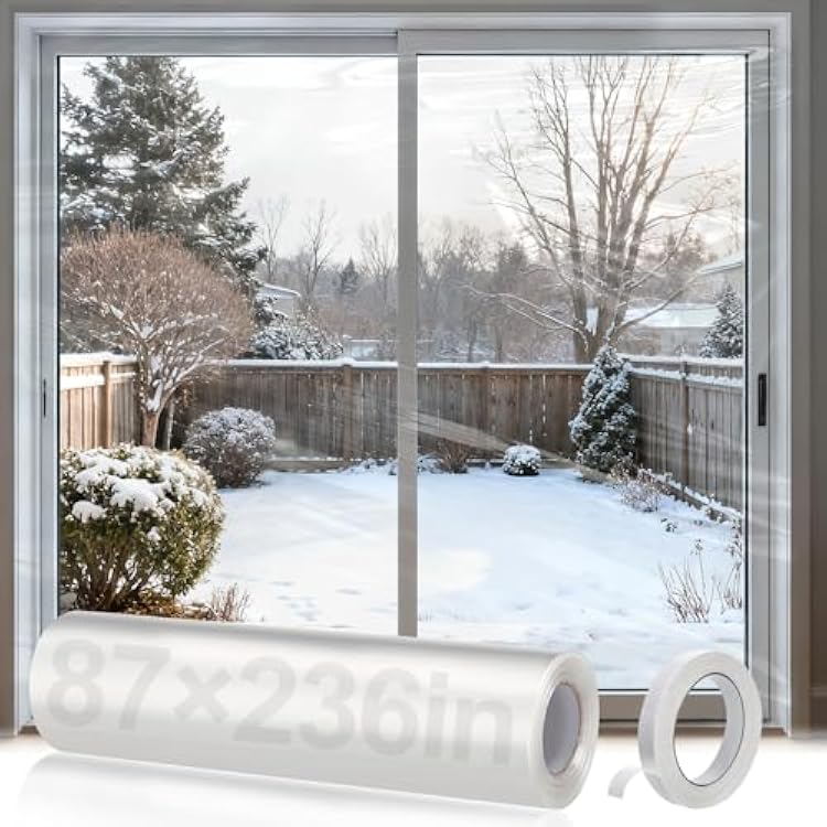 Thicken 87236in Window Insulation for Winter - Fits Sliding Door French Door Clear Plastic for Patio Winterizing, Cuttable Heat Shrink Large Window Film with Double-Sided Tape