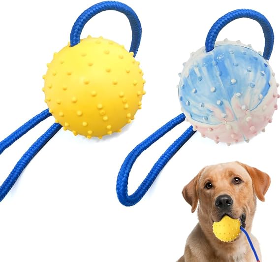 2 Pack Dog Ball on a Rope,Pet Rubber tug Toy for Dogs Fetch Training Interaction, Chewing Resistance, Intelligence, Teeth Grinding, Teeth Cleaning
