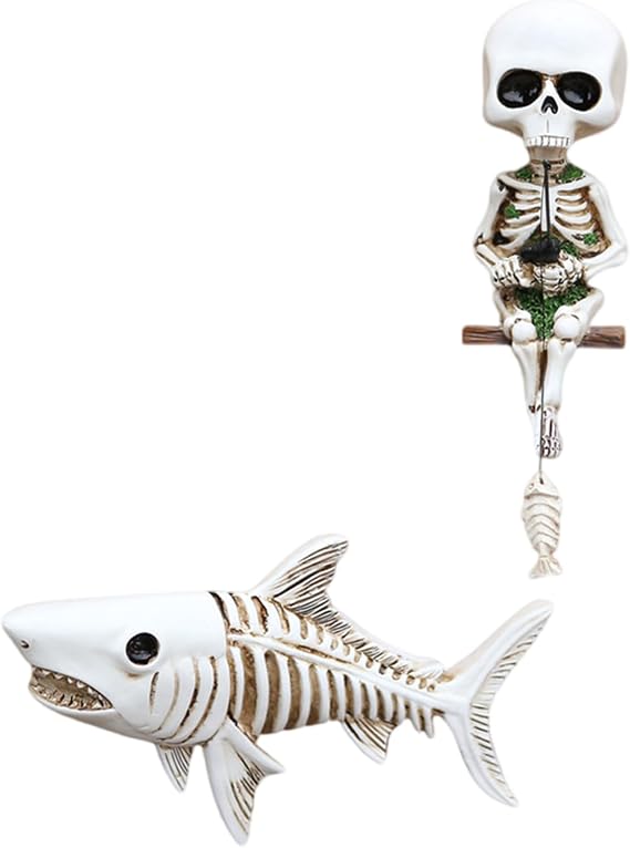 2 Pcs Skeleton Anko Resin Statue Gothic Wall Art Aquarium Halloween Display & Dark Theme Room Decor Resin Skeleton Fishing Sculpture