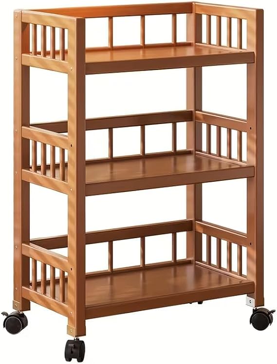 3-Tier Bamboo Rolling Storage Cart with 360° Swivel Wheels, Mobile Kitchen and Coffee Bar Cart, Multi-Purpose Utility Trolley Organizer for Kitchen, Living Room, Bathroom or Office