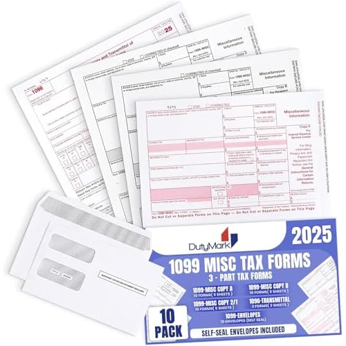 1099 Misc Tax Forms 2025 Complete 3-Part Laser - Kit for 10 Vendors, and 10 Self-Seal Envelopes Good for QB and Accounting Software,1099 Misc 2025