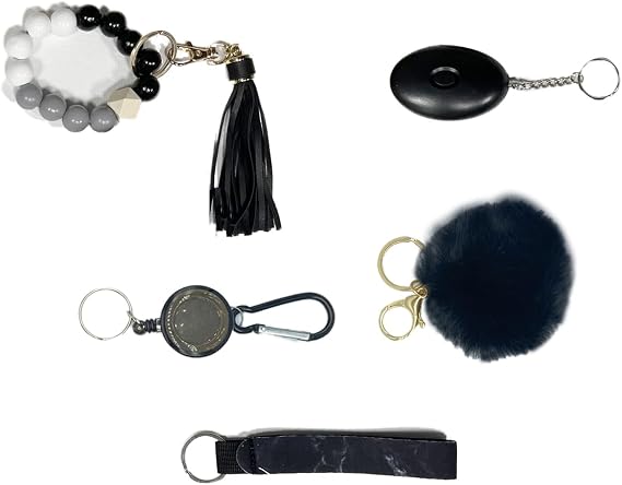 Keychain Set for Girls with Personal Alarm,Pom Pom and Lip Balm Lanyard Wirstlet Black