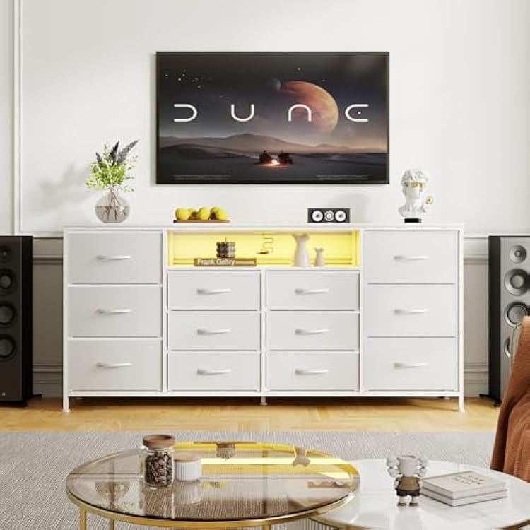 63 Dresser TV Stand for 65 70 75 Inch TV, Fabric Chest of Drawers with Charging Station, LED Lights, Open Shelves & 12 Drawer Dresser, Modern Entertainment Center