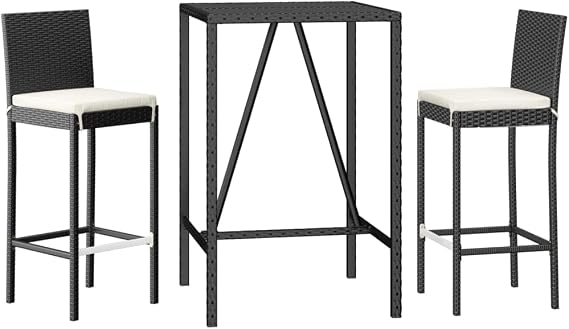 vidaXL 3 Piece Patio Bar Set with Cushions Black Poly Rattan