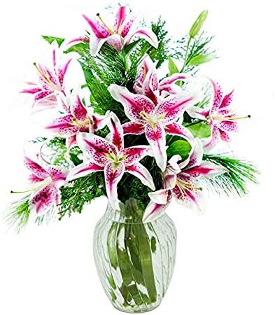 KaBloom-10 Pink Lily, Greens Bouquet, Flowers for Valentine, Mother's Day