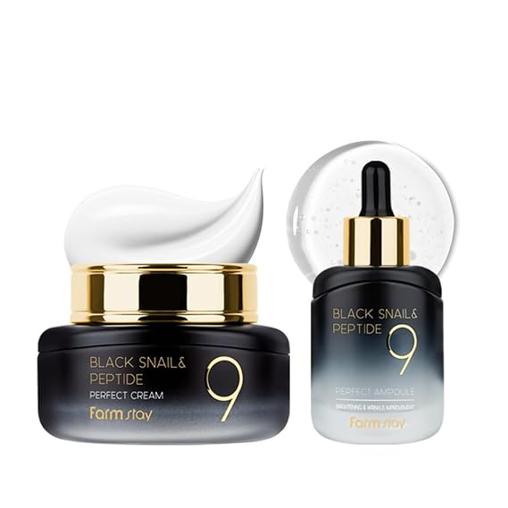 FARMSTAY Black Snail & Peptide 9 Perfect Cream + Ampoule, Snail Mucin Moisturizer for Elastic & Glow Skin, Hydrating & Nourishing, Skin Barrier Repair, for Women & Men, Korean Skin Care
