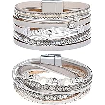 2 Pieces Multilayer Leather Bracelet Set Beads Wrap Bangles with Magnetic Buckle for Women