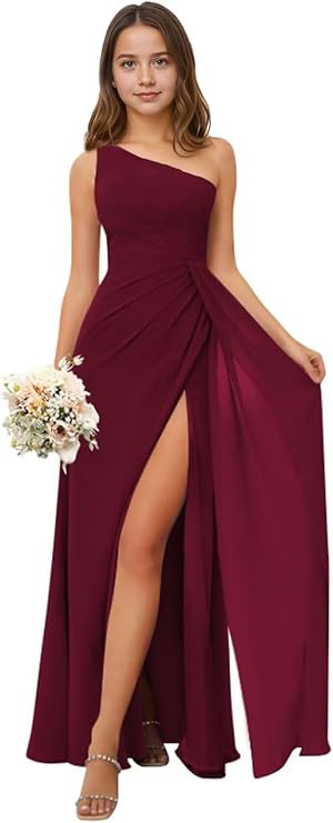 Chiffon Junior Bridesmaid Dress One Shoulder-Flower Girl Dresses Long Girls Formal Dresses with Slit
