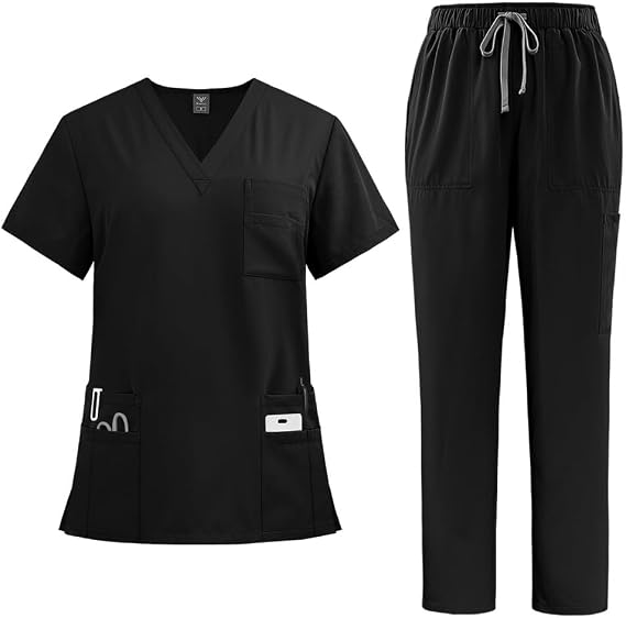 Aylashine Medical Scrub Set - Top and Bottom, Short Sleeves, Pants, Nursing, Care, Unisex, Lab Coat, Uniform, Workwear, Multiple Pockets