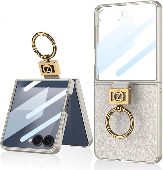 Ultra-Thin Folding Mobile Phone case for Samsung Galaxy Z Flip 7, Hard PC Protective Cover with Z-Ring Clasp, Anti-Drop Protect Shell for Z Flip7 (Gray,Leather)