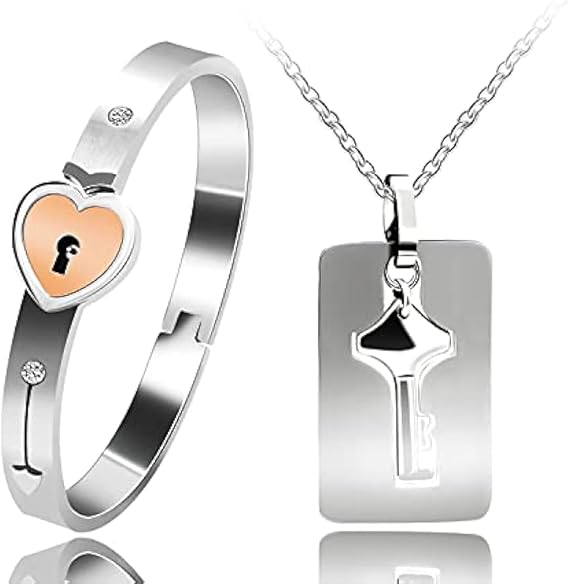 Uloveido Stainless Double Heart Infinity Love Lock Bangle Heartbeat Bracelet and Shield Key Pendant Necklace Couple Set for Men Women Y1891-Y1893