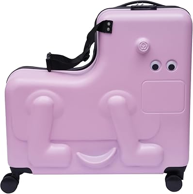 Ride-On Suitcase, Kid Luggage with Cute Puppy Figure,Pink Portable Boys & Girls Children Ride-On Suitcase with Retractable Safety Belt,24 Inches Universal Wheel Kids Luggage for Journey Gift