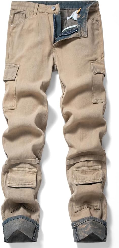 Men's Jeans Straight Biker Denim Pants Patchwork Casual Multi-Pocket Male Jean