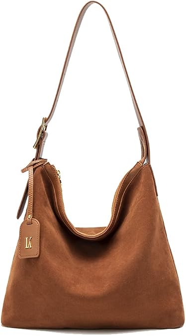 Genuine Leather Suede Bags for Women, Vintage Handbag Purse Suede Hobo Bag Slouchy Bag Shoulder Crossbody Bag (Brown#1, Large)