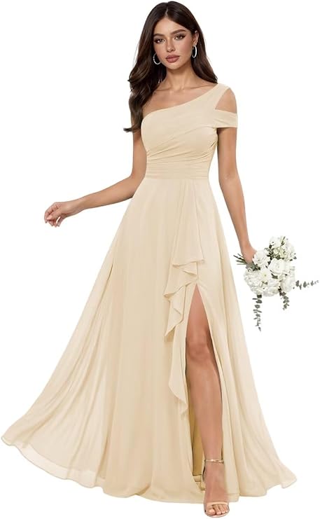 Women's One Shoulder Chiffon Bridesmaid Dress Ruffle A-Line Prom Evening Party Dress SEP002