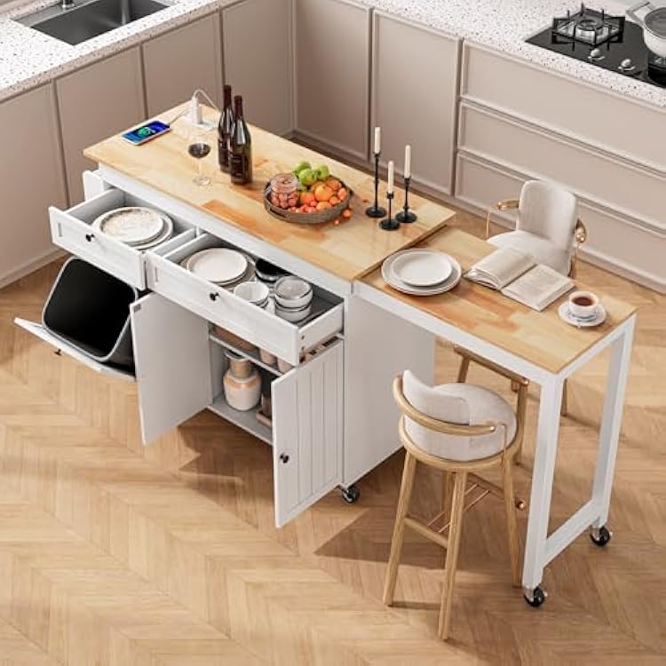 ONBRILL Kitchen Islands with Extendable Dining Table, 81.7 Mobile Kitchen Storage Islands, Rolling Kitchen Cart with Trash Cabinet, Power Outlet, Spice Rack & Towel Rack White