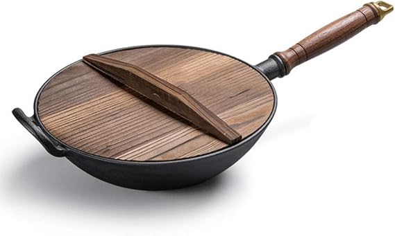 10 inch Pre-Seasoned Cast Iron Wok, Chef's Pot with Pot Ear and Cover, Chinese Style Pan - Traditional hammering,