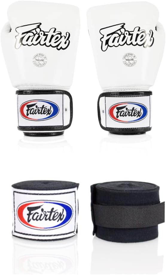 Fairtex BGV1 16 oz White Glove + Fairtex Muay Thai Handwrap Black 180 inch