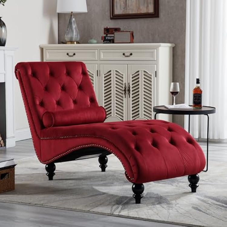 Tufted Chaise Lounge Chair Indoor, Velvet Chaise Lounges with Solid Wood Legs & Support Pillow, Upholstered Couch for Bedroom Living Room Office, Leisure Sofa ReclinerRED
