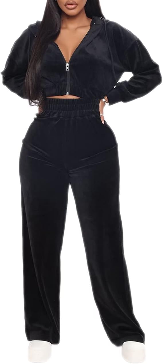 acelyn Womens Fall Velour 2 Pieces Tracksuit - Zip Up Hooded Crop Jacket & Long Sweatpant Jumpsuit Jogger Sweatsuits Black L