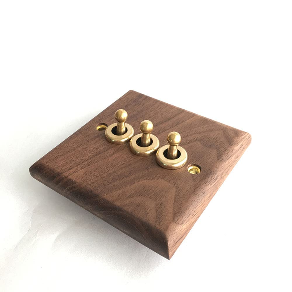 Wall Toggle Switch, Black Walnut Solid Wood Switch Panel Home 2 Way Single Double Control Light Lever Switch Square Golden Nordic Smart Wall Switch 1-4 Gang 2 Way(3 Gang 2Way)