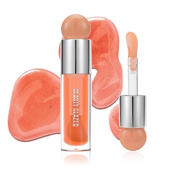 Beauty Glazed Color Variety Non-Sticky Ultra-Hydrating & Nourishing Lip Oil, Smooth Glossy Finish Luxurious Lip Glow Oil, Shiny and Vegan Tinted Lip Gloss, Big Brush Applicator (102# PEACH)