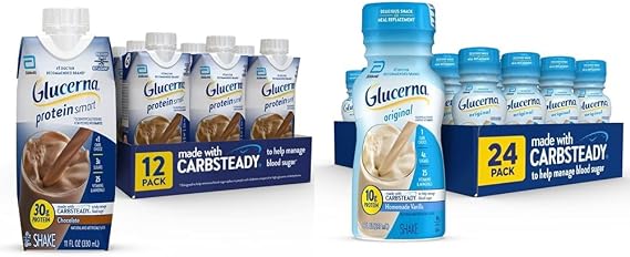 Glucerna Diabetic Nutrition Shakes Bundle - Chocolate Protein 30g 150 Cal, 12 Ct & Homemade Vanilla 10g 180 Cal, 24 Ct