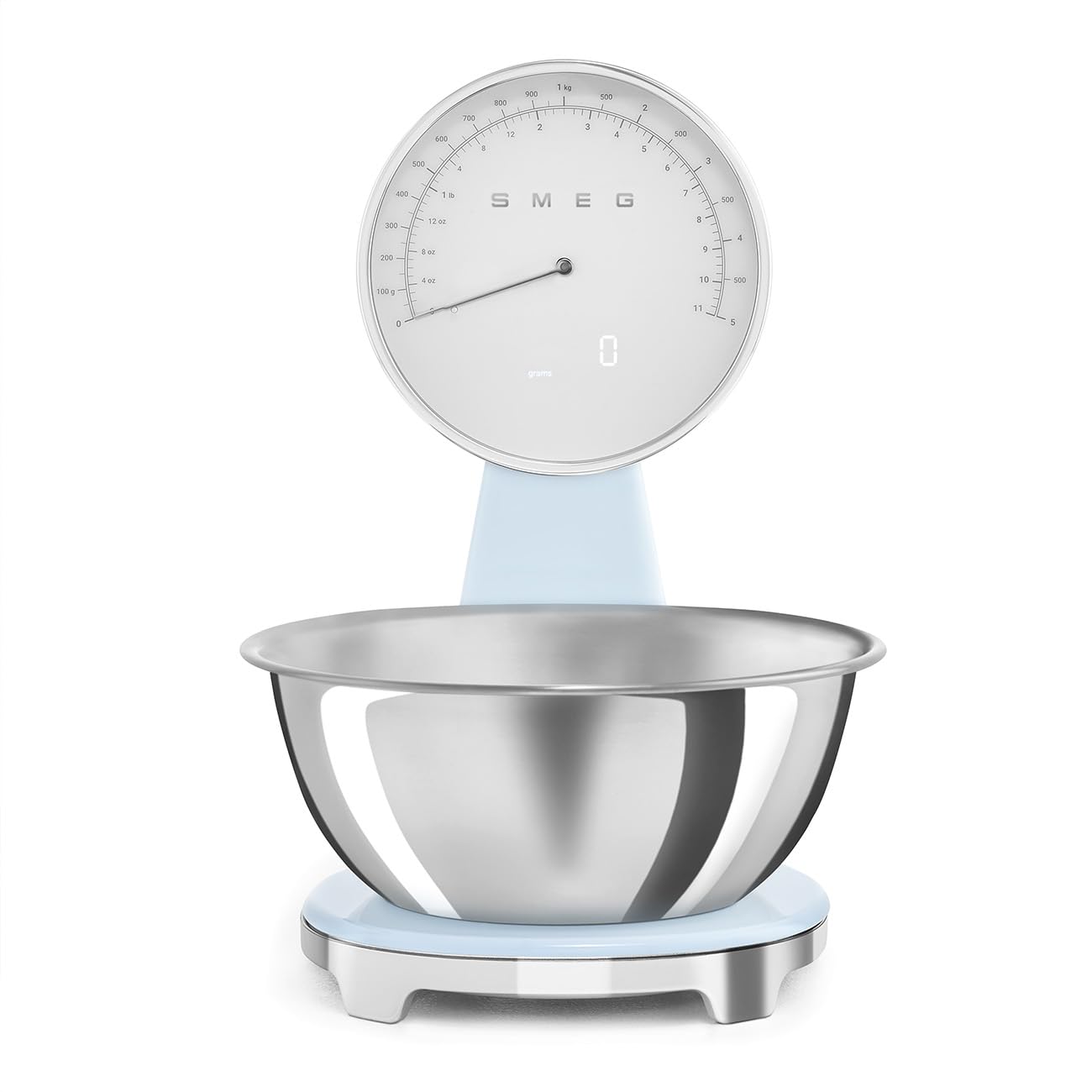 Smeg Digital and Analogue Kitchen Scales KSF01PBWW Removable 1.8L Stainless Steel Bowl Four Units of Measure gml and lb.ozfl.oz with Tare Function Maximum Capacity 5 kg Pastel Blue