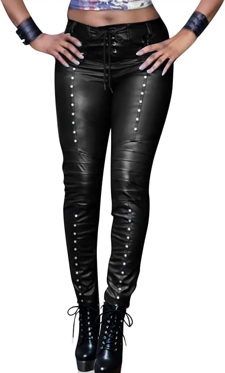 Women's Faux Leather Leggings Gothic Punk Skinny PU Leather Pants Mid Rise Novelty Studded Tight Pants