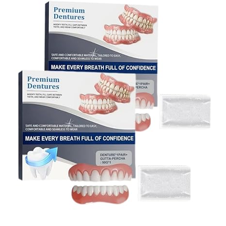 Advanced Customized Full Denture Set,Dentures False Teeth Set, Silicone Reline Denture Set,Natural-Looking Teeth, Soft and Comfortable (2 Set)