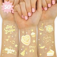 xo, Fetti Golden Birthday Temporary Tattoos - 50 gold styles | Birthday Party Decorations, Fun Birthday Girl Party Favors, HBD, Older Wiser Hotter, Fifty and Fabulous, Funny Bday Gift