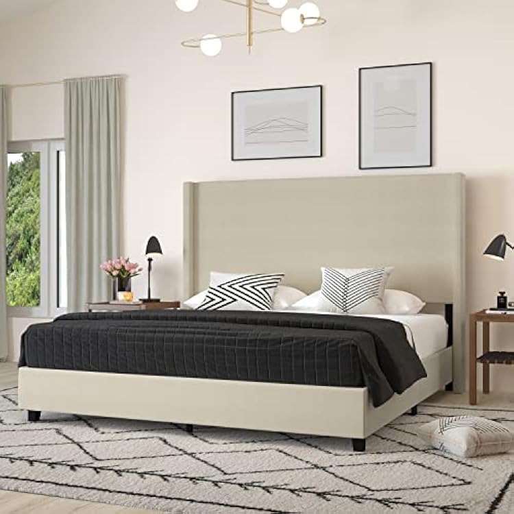 Merrick Lane Bramlett Modern Platform Bed - Beige Faux Linen - Twin - Padded Wingback Headboard - 3" Floor Clearance - Wood Support Slats - No Box Spring Needed