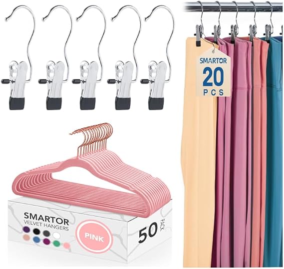 Legging Organizer for Closet 20 Pack, Pink Velvet Hangers - 50 Pack,Hanger Space Saving Closet Organizers and Storage for Skirt, Shorts, Hats, Towel, Boot, Jeans