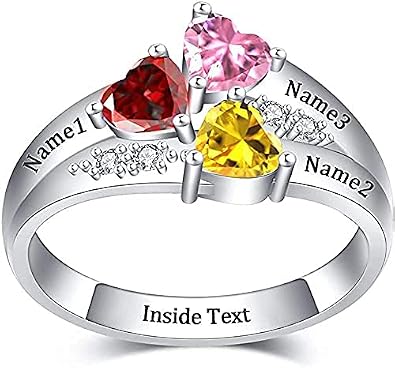 YUOTO Birthstone Rings For Women, Mothers Rings With 3 Birthstones,Personalized With Birthstone Rings, 925 Sterling Silver Mothers Day Rings With Engraved Custom Name