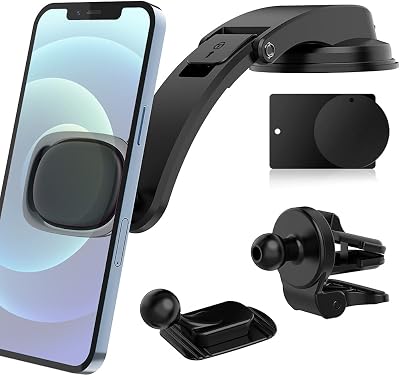 JUHOO Magnetic Phone Car Mount, 3 in 1 Car Phone Holder Mount Universal Dashboard Windshield Car Cell Phone Mount HolderCompatible with iPhone 12 11 Pro X XS Max XR Galaxy Note10 S10