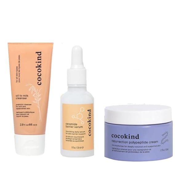 Cocokind Daily Routine, Oil to Milk Cleanser, Ceramide Barrier Serum and Resurrection Polypeptide Cream