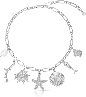 Ettika Necklace for Women. Oceanic Dreams Charm Necklaces, Silver Plated Assorted Shell And Pearl Charms. Jewelry