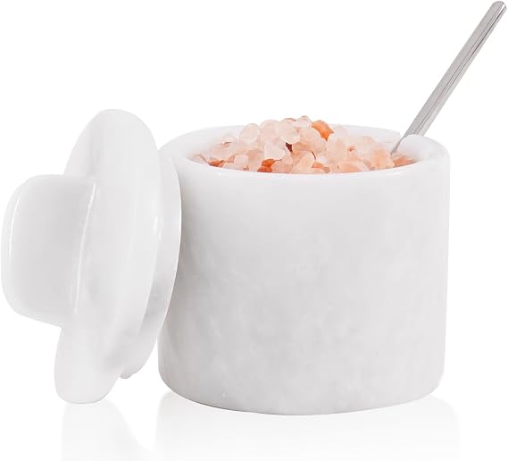 Marble Salt Cellar with Lid & Spoon 4 Inch, White