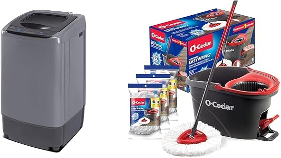 Comfee Portable Washing Machine, 0.9 cu.ft Compact Washer With LED Display, 5 Wash Cycles, 2 Built-in Rollers, Space Saving Full-Automatic Washer & O-Cedar Easywring Microfiber Spin Mop