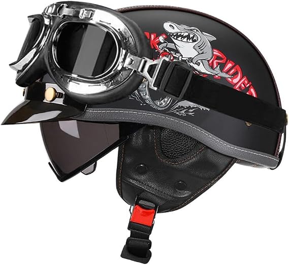 German Style Vintage Motorcycle Jet Helmet, DOT/ECE Approved Open Face Motorbike Helmet, Retro Half Helmet, with Sun Visor and Removable Inner, for Adult Men Women M~XXL
