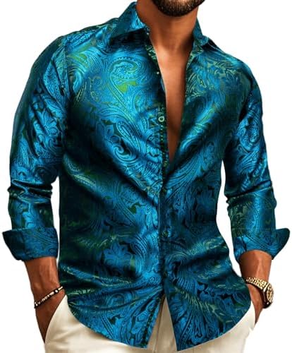 Barry.Wang Mens Silk Shirts Button Down Dress Shirt for Men Satin Paisley Floral Long Sleeve Cowboy Casual Mexico Shirts