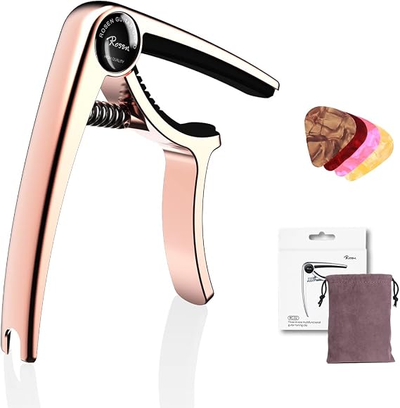 Rosen Champagne Guitar Capo 3in1 Metal Capo Picks Set for Acoustic Guitar Electric Guitars Ukulele Mandolin Banjo