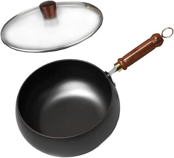 Refined Iron Wok with Wood Handle and Glass Lid, 9.45 in Flat Bottom Nonstick Stir Fry Pan for Gas, Induction, and All Stovetops