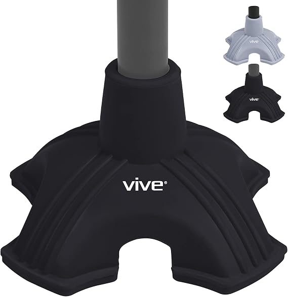 Vive Cane Tip - Self Standing Quad Base Replacement for Most Walking Canes | Walking Sticks, Folding Canes or Offset Quad Pod or Tripod Canes - 4 Prong Rubber Cane Foot Pad