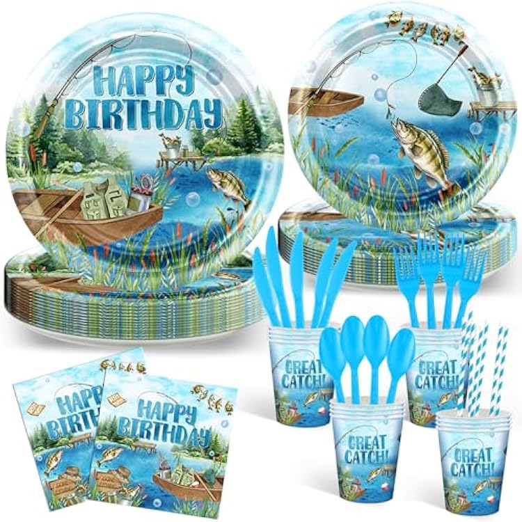 Avezano 192 pcs Fishing Birthday Decorations Fishing Birthday Party Disposable Plates and Napkins Set Fisherman Party Paper Tableware Supplies Serve 24