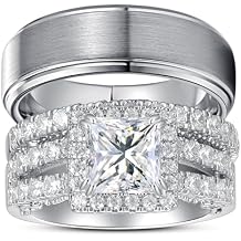 Promise Rings for Couples,TWO RINGS Wedding Forever Ring Sets, Bridal Sets Women White Gold-Plated 2.5CT Princess Engagement Ring Man Tungsten Wedding Bands, For Proposal Anniversary Wedding