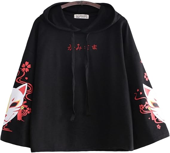 Women Kawaii Kitsune Mask Hoodie Cute Japanese Fox Anime Aesthetic Hooded Sweatshirt Long Sleeve Pullover Clothes Winter Fall