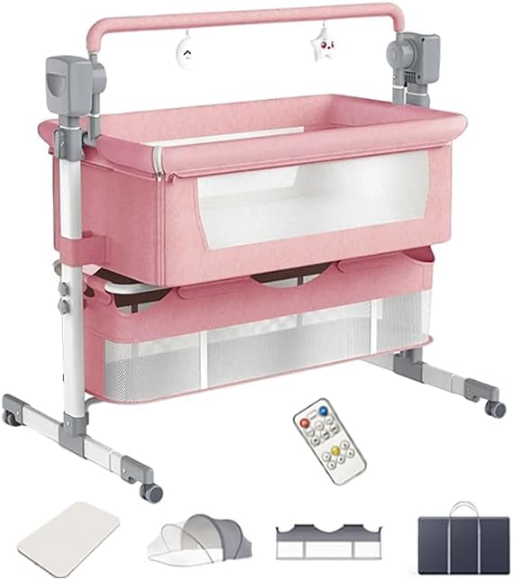 Smart Auto-Rocking Bassinet 3 in 1 Bedside Sleeper Baby Crib with White Music, Adjustable Height, Folding Bag, 4 Wheels, Breathable Mesh, Mattress (Pink)