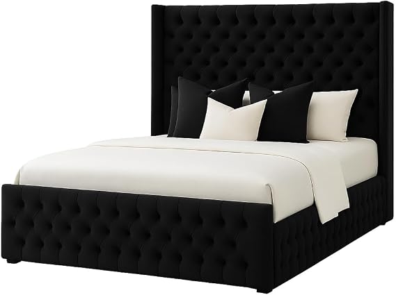 Atomic Sleep Luxury Chesterfield Wingback Bed Frame - Upholstered in Plush Velvet Fabric with Mattress/Gas Lift Option - UK Made (Black Plush, Kingsize 5ft with gas lift storage)